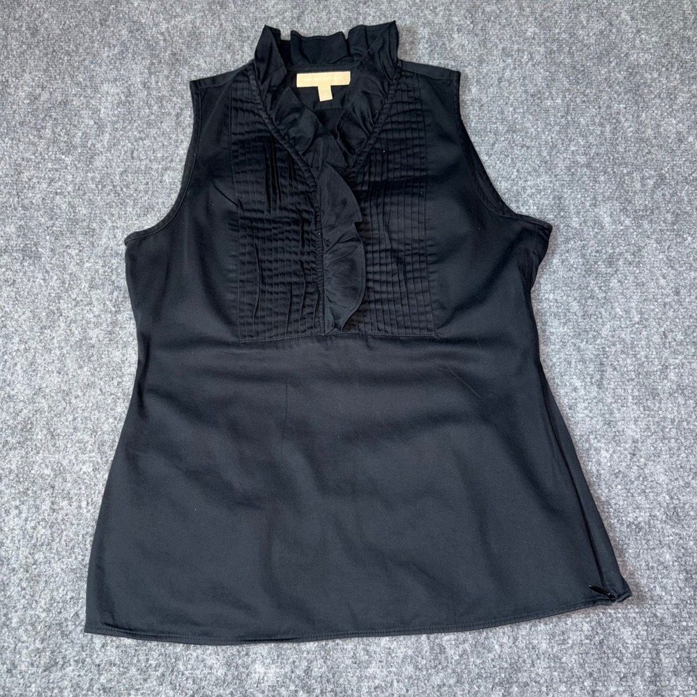 Banana Republic Women's Petite 0 Black Ruffle Sleeveless Blouse Pintuck Top